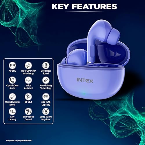 Image of Intex Buds AERO TWS Bluetooth Earbuds with AI ENC, Deep Bass, 13mm Driver, Type-C Fast Charging, 32H Playtime, Low Latency, Touch Control, Voice Assistant, Wireless Earphones (Purple)