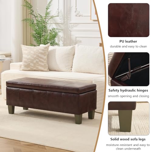 Image of 41 inch Storage Ottoman, Storage Bench with Safety Hinge, Upholstered Synthetic Leather Ottoman Bench for Bedroom, Living Room, Entryway, Hallway, Foot Rest, Support 500lbs