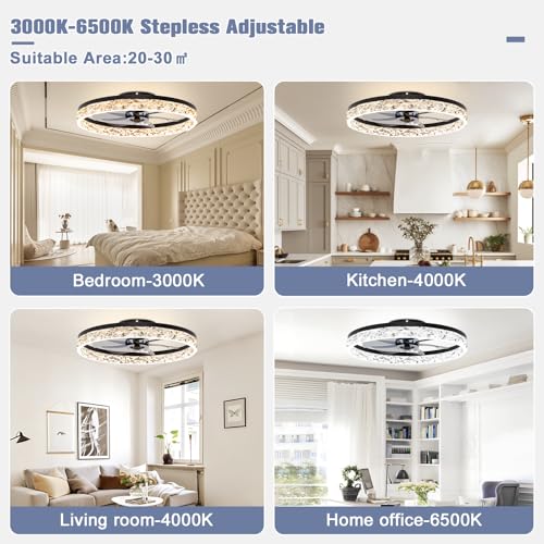 Image of VOLISUN Fandelier Ceiling Fans with Light, 23.6in Low Profile Ceiling Fan with Light and Remote, 3000K-6500K Dimmable Bladeless Ceiling Fan Flush Mount, Black Modern Ceiling Fan with Light for Bedroom