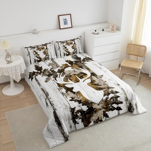 Image of Feelyou Camo Deer Comforter Set Queen Size Deer Antlers Army Camouflage Bedding Set Boys Girls Hunting Comforter Set Animal Duvet Insert Bed Set 3Pcs