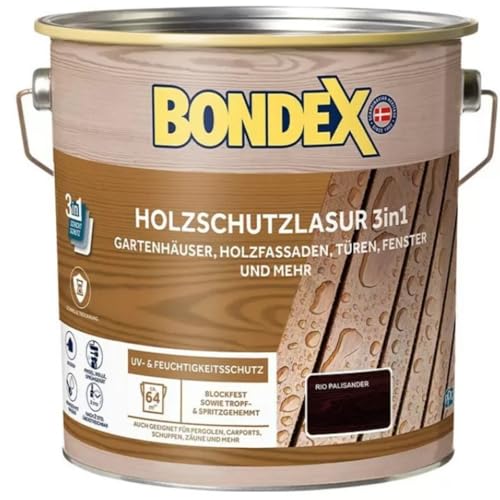 Bondex Holzschutzlaur 3in1, 4 L für 64 m² / Rio Palisander / Wasserbasierende Lasur / Filmschutz, Grundierung und Endbeschichtung / Exzellenter UV- & Feuchtigkeitsschutz