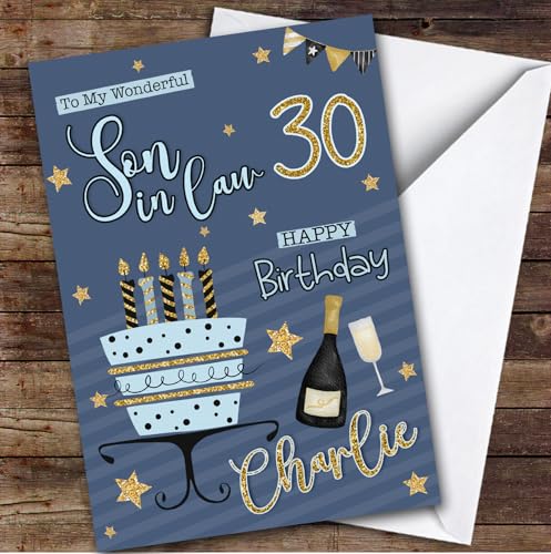 Personalized Son-in-Law 30th Blue Gold Birthday Card Cake | Personalized Birthday Card for Son-in-Law, Him, 30th, Milestone Birthdays