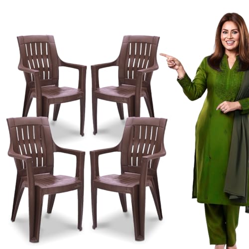 Image of MAHARAJA Heavy Duty Plastic Chairs for Home & Office | 200Kg Capacity, Arm Rest � Brown, Pack of 4