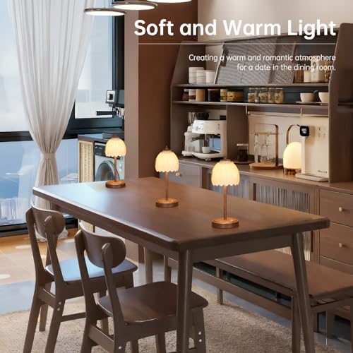 Image of Shenmoyl Tulip Table Lamp with 5200mAh Battery & Touch Control, Small Cordless Table Lamp with 3 Colors, Rechargeable Battery Operated Table Lamps for Bedroom, Desk, Bedside (White-Walnut Color)