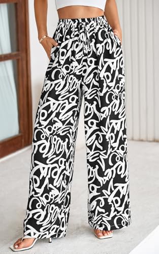 Image of PRETTYGARDEN Womens Pants Elastic Waist Floral Lightweight Palazzo Pants for Women Casual Lounge Wide Leg Pants Woman