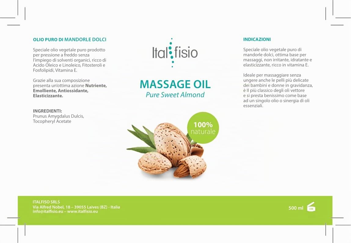 Olio da Massaggio Professionale - Per Fisioterapia ed Estetica - Olio di Mandorle Dolci al 100% - Ideale per Massaggi su Viso e Corpo, Aromaterapia - Ideale anche per Pelli Delicate - 500ml