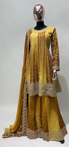 Image of Miss Ethnik Dual Tone Strip Chinon Heavy Embroidered Stitched Sharara Suit Set With Dupatta (ME-1129)