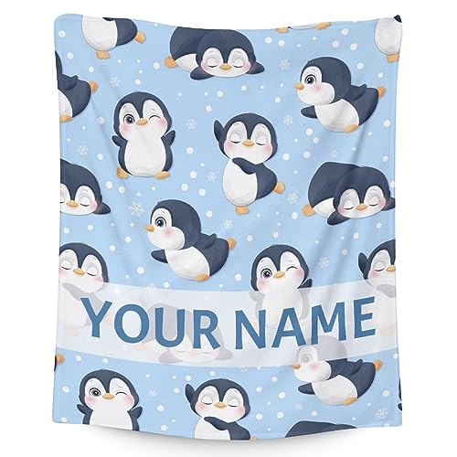 Custom Penguin Blankets with Name - Soft Warm Blanket Throw for Kids, Adults - 40"x50" Flannel Blankets for Couch, Sofa - Blue Cute Blanket Gifts