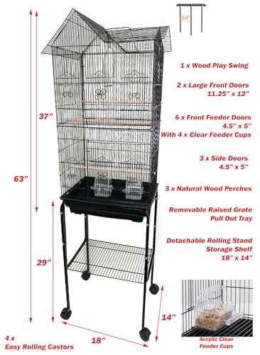 63" Roof Top Bird Flight Parrot Pet House Home Cage with Removable Rolling Stand for Cockatiel Sun Conure Parakeet Finch Budgie Lovebird Canary - Image 3