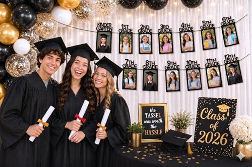 Image of PartyHooman Graduation Photo Banner K-12, Kindergarten to 12th Grade for Middle /Junior, High /Senior Graduation Decorations 2026 | Class of 2026 Party Decorations |Pictures Party Supplies (Pre-strung)