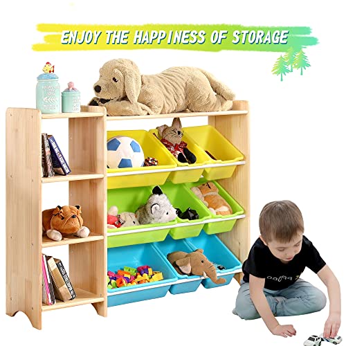 Mallbest 4-Tier Kids' Toy Storage Organizer Shelf - 100% Solid Wood,Children's Storage Cabinet With 9 Plastic Bins And 3 Storage Ports (Varnish) #TOP5