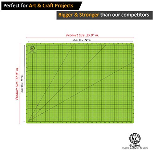 KC GLOBAL A2 (25 x 19 in.) Professional Grade Self-Healing Cutting Mat (Neon Green) - Odor-Free, Double-Sided, Eco-Friendly, Non-Slip, Premium Desk Mat for Crafting, Sewing, Quilting and Art Projects