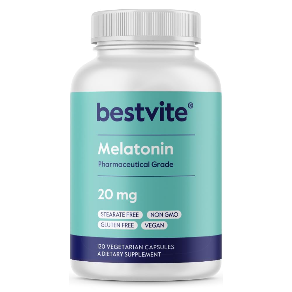 BESTVITE Melatonin 20 mg - 120 Veg Caps - No Stearates - No Sucralose, No Dextrose, No Silicon Dioxide, No Mannitol - Vegan - Non-GMO - Gluten-Free