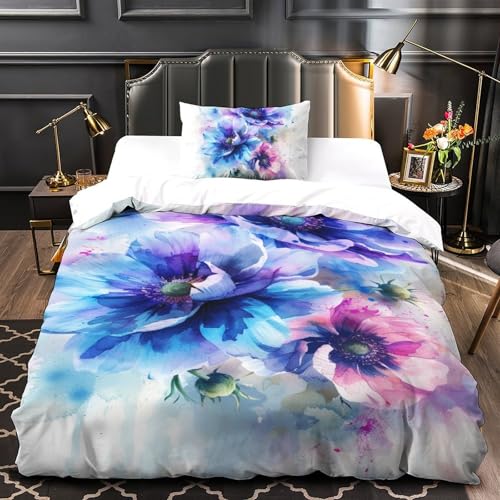Housse de couette fleurs aquarelle 3D microfibre lit simple 135x200cm