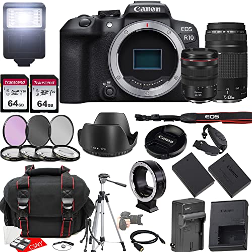 Canon EOS R10 Mirrorless Camera w/RF 24-105mm f/4 L is USM Lens + EF 75-300mm f/4-5.6 III Lens + 2X 64GB Memory + Hood + Case + Filters + Tripod & More (35pc Bundle)