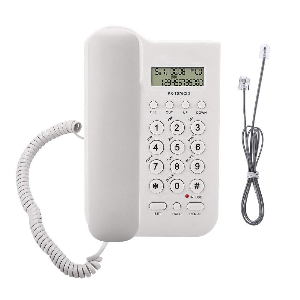Teléfono de Pared y Escritorio con Cable - FSK/DTMF para Hotel y Casa - con Pantalla de Llamadas (Blanco)