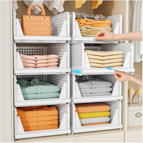 SNSLXH 5 Pack Stackable Closet Storage Basket, Multifunctional & Foldable Closet Organizer for...