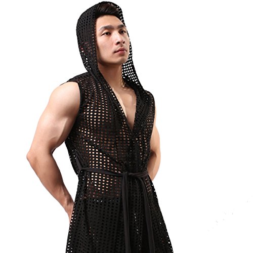 Men's Sexy Hooded Sleeveless Robes Bathrobes Mesh See-Through Lingerie Sleepwear Pajamas(Black L) #TOP1