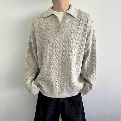 Mens Cable Plain Knit Sweater Fashion Long-Sleeve Top Lapel Casual Pullovers3