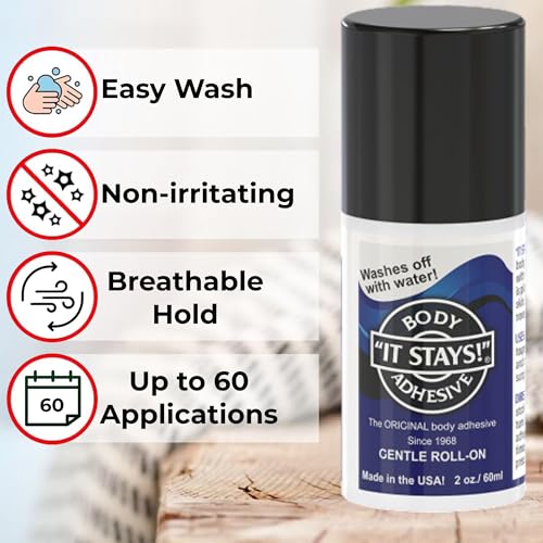 ABSOLUTE SUPPORT It Stays! Roll-On Body Fixative Glue 2 oz Adhesive - Made in USA - 3 Bottle Value Pack