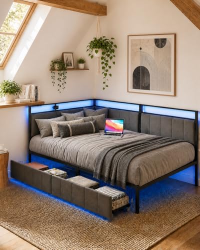 Xinyvee Canapé Lit 90x200, Lit Une Place avec Cadre en Métal, Lit Banquette avec 2 Tiroirs de Rangement, Dossier Rembourré en Velours Gris, Lit avec...