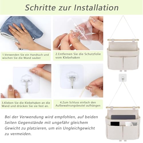 2 Stück Hängeorganizer, Organizer Hängend, Hängende Aufbewahrungstasche, Hängeorganizer Bad, Leinen Wand Organizer Hängend, Wandorganizer, 2 Fächer mit Klebriger Haken, für Home, Office, Bad, Weiß