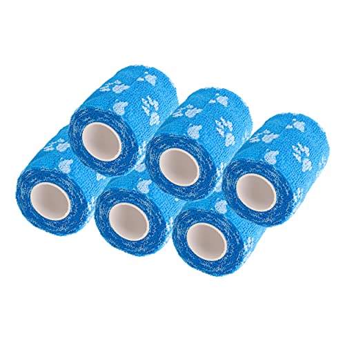 Mondo Medical Cohesive Bandage Wrap 6Pk - 3In X 15Ft Pet Bandage Tape Blue Self Adhesive Dressing Rolls With Paw Prints #TOP30