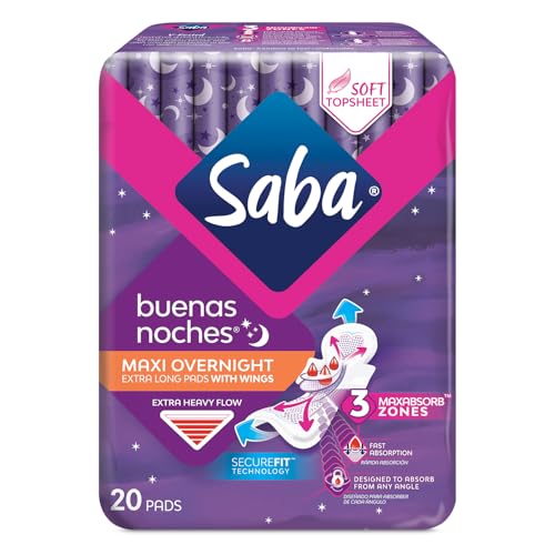 Image of Saba Buenas Noches Overnight Maxi Pads with Wings, Heavy Flow Protection, 120 Count (6-Pack)