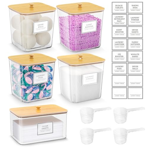 4+1 Pack Laundry Room Organization Containers Clear Laundry Pods Container Large Laundry Detergent Powder Storage Containers with Wooden Lids & Labels Laundry Pods Holder for Scent Booster Powder Pods