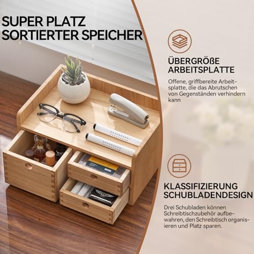 KIRIGEN Wood Desktop Organizer mit Schubladen Home Workspace Office Supplies Wooden Storage Box Shelf Case Hold Makeup Box with 3 Drawers and 1 Shelves Natural