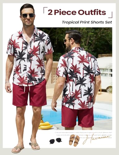 Image of Yimoon Men's Summer 2 Piece Outfits Tropical Print Short Sleeve Button Down Hawaiian Beach Shirt and Shorts Set