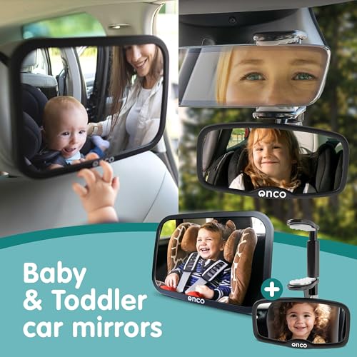 Image of Onco Baby Car Mirror Bundle - Rear & Forward Facing Mirrors, Double Award-Winning, 100% Shatterproof & Shakeproof, 360 Rotation, Wide Convex View, Newborn Essentials