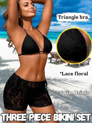 Women's Halter Triangle String Bikini Sets, Floral Lace Cheeky 3 Piece Swimsuit with Shorts, Beach Pool Party2