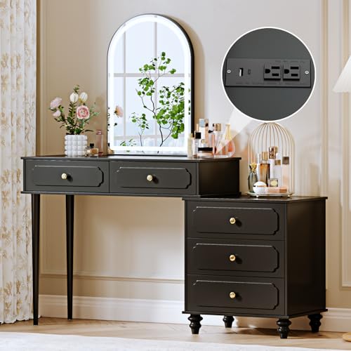 Ieejdn Black Vanity Desk with Mirror and Lights Makeup Vanity with Power Outlet and Adjustable Cabinet Modern Makeup Table with 3 Drawers for Bedroom Makeup Room