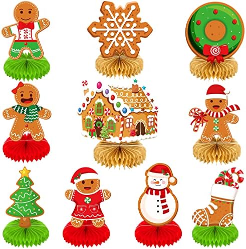 10 Pieces Christmas Gingerbread Man Party Ornaments Decorations Merry Xmas Gingerbread Man Snowflake Snowman Party Honeycomb Centerpieces Christmas Party Table Toppers Double Sided Décor for Merry Xmas Theme Winter New Year Holiday Party Supplies Favors
