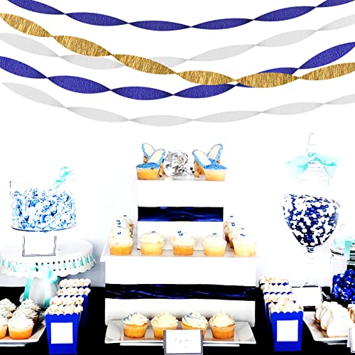Image of Navy-Blue White-Gold Crepe Paper Streamers - 9 Rolls Royal Blue Graduation 2025 Men Boy Birthday Party Decorations Streamer Wedding Bridal Shower Paper Garland Fathers Day Decor Panduola
