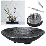 Japanese Ikebana Kit Floral Frog Flower Container with Kenzans Needle Straightening Tool - 1.8inch Black Flower Frog, 6.7inch Bowl Vase