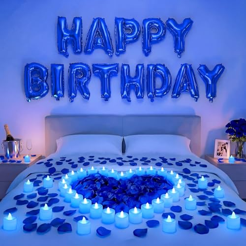 Image of Blue Happy Birthday Balloons Decorations Happy Birthday Letter Balloons Banner Set with 24pcs Round Flameless LED Candles and 2000pcs Artificial Rose Petals for Women Men Room Party Decor