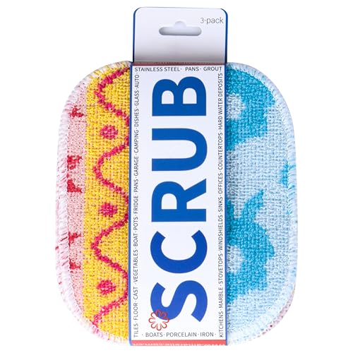 Image of Perfect Scrub, 3-Pack Reusable,Scouring Pad, Non-Scratching Dish Scrubber for Kitchen and Household Cleaning, Planet-Friendly, Dishwasher Safe Soft Scrub, Assorted Colors and Designs.