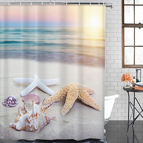 Beach Ocean Starfish Bathroom Sets With Shower Curtain And Rugs Accessories, Beach Sea Starfish Shower Curtain For Bathroom Shells Ocean Sunset Bathroom Decor 4 Pcs #TOP1