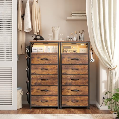 Image of EnHomee Nightstands Set of 2 with 5 Drawers, Dresser with Charging Station and LED Light, Tall Nightstand with Extra Side Bag & Hooks, Bedroom, Closet, Hallway, Entryway, Rustic Brown