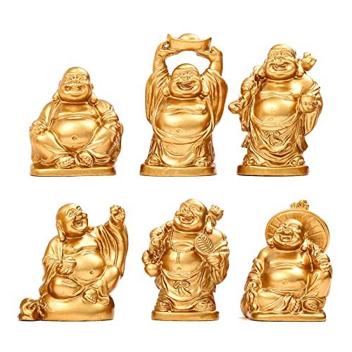 STCREE TQGJST3 Lot de 6 statues de Bouddha Rieur en résine Doré 5,5 cm de hauteur