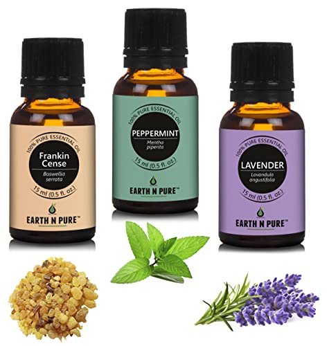 Image of Earth N Pure (Frankincense,peppermint & Lavender) Essential Oils | Pack Of 3 (15 ml each) | 100% Pure, Undiluted, Natural And Therapeutic Grade - Perfect for Aromatherapy, Skin Therapy & More