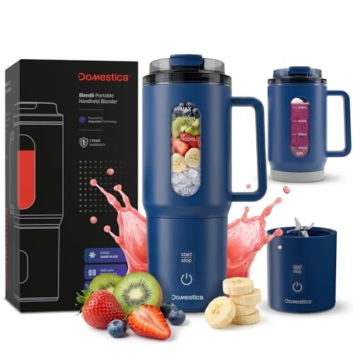 Image of Domestica Blendo Portable Blender for Smoothie and Juices | Portable Juicer Mixer Blender for Fruits with 6-Blade Ice Crushing, 18000 RPM Motor | Compact Mixer Grinder | BPA-Free 500ml (Blue)