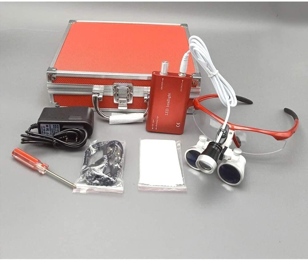 GaRcan Lupa con luz, Lupa médica Dental 3.5XR Marco Rojo lupas binoculares quirúrgicas Vidrio óptico + luz de Cabeza lámpara de luz LED reparación de Relojes