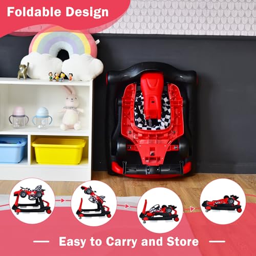 Image of GLACER Foldable Baby Walker, 4-in-1 Infant Walker with Adjustable Height & Speed, Music, Light, Steering Wheel & Washable Cushion, Baby Walker Activity Center for Boys Girls 6 -18 Months (Red)