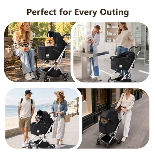 Image of T4 Max Pet Stroller Dog Cat Stroller for Small Medium Dogs Cats, 4 Wheels Travel Folding Carrier Waterproof Puppy Stroller with Pad, Canopy and Cup Holder (T4 Max Black)