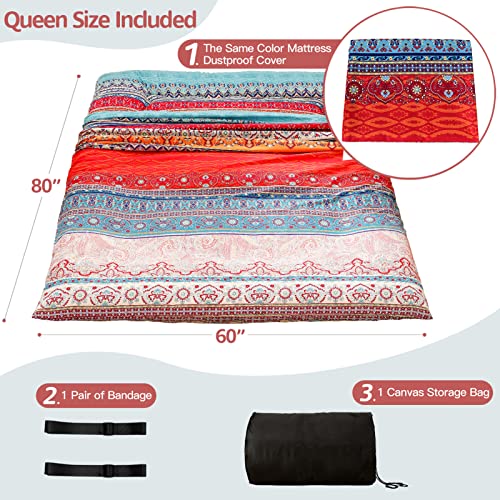 Image of MAXYOYO Bohemian Retro Floor Mattress Vintage Floral Japanese Futon Mattress Roll Up Thicken Sleeping Mat Portable Camping Mattress Floor Lounger Couch Mattress Pad Queen Size