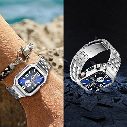 SUPLINK Stainless Steel Case with Band Compatible with Apple Watch Straps Series SE 9 8 7 6 5 4 3 2 1 38mm 40mm 41mm Metal Rugged Protector Cover for iWatch Band Men Woman (Silver) - Image 3
