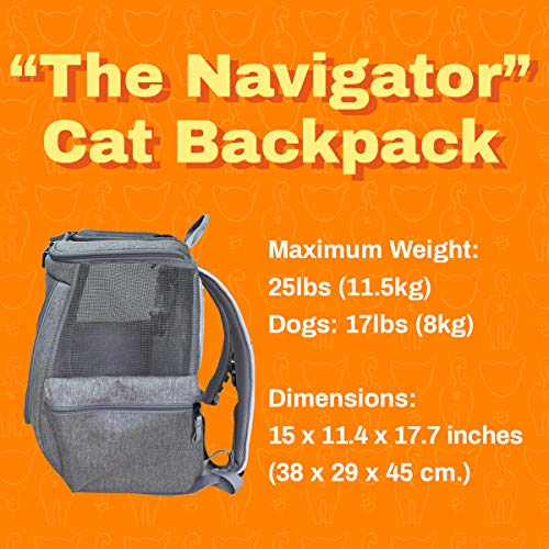 Travel Cat Navigator Carrier Bag - Premium Cat Carrier Backpack For Travel, Hiking, Outdoor Use - Grey Mesh Backpacks For Small, Medium, Large Cats Up To 25 Lbs With Side Pockets, Zipper Clips #TOP5